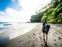 AI generated a photograph of traveler or backpaker in the beach with a many style and many angle photo
