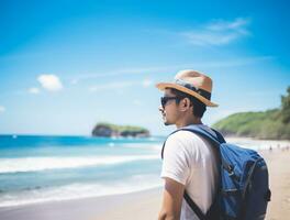 AI generated a photograph of traveler or backpaker in the beach with a many style and many angle photo
