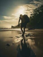 ai generado un fotografía de viajero o mochilero en el playa con un muchos estilo y muchos ángulo foto