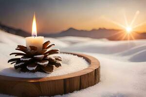 AI generated a pine cone with a candle in the snow photo