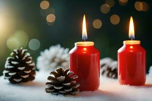 AI generated a pine cone with a candle in the snow photo