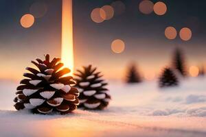 ai generado un pino cono con un vela en el nieve foto