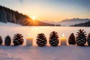 AI generated a pine cone with a candle in the snow photo