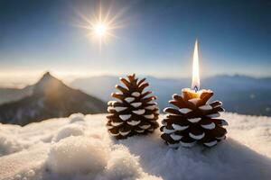 AI generated a pine cone with a candle in the snow photo