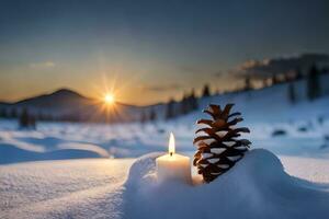 AI generated a pine cone with a candle in the snow photo