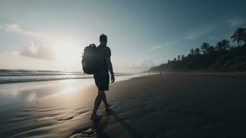 ai generado un fotografía de viajero o mochilero en el playa con un muchos estilo y muchos ángulo foto