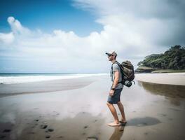 AI generated a photograph of traveler or backpaker in the beach with a many style and many angle photo