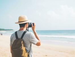 AI generated a photograph of traveler or backpaker in the beach with a many style and many angle photo