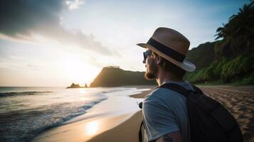 AI generated a photograph of traveler or backpaker in the beach with a many style and many angle photo