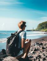 AI generated a photograph of traveler or backpaker in the beach with a many style and many angle photo