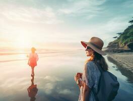 AI generated a photograph of traveler or backpaker in the beach with a many style and many angle photo