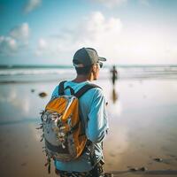 AI generated a photograph of traveler or backpaker in the beach with a many style and many angle photo