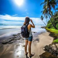 ai generado un fotografía de viajero o mochilero en el playa con un muchos estilo y muchos ángulo foto