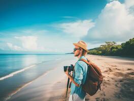 ai generado un fotografía de viajero o mochilero en el playa con un muchos estilo y muchos ángulo foto