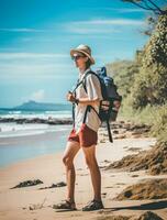 AI generated a photograph of traveler or backpaker in the beach with a many style and many angle photo