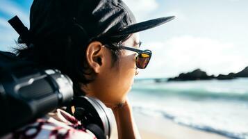 ai generado un fotografía de viajero o mochilero en el playa con un muchos estilo y muchos ángulo foto