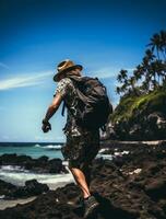 AI generated a photograph of traveler or backpaker in the beach with a many style and many angle photo