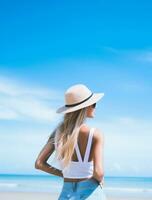AI generated a photograph of traveler or backpaker in the beach with a many style and many angle photo