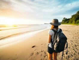 AI generated a photograph of traveler or backpaker in the beach with a many style and many angle photo