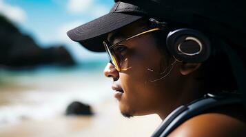 AI generated a photograph of traveler or backpaker in the beach with a many style and many angle photo