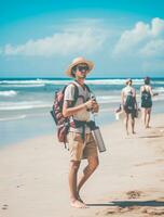 AI generated a photograph of traveler or backpaker in the beach with a many style and many angle photo