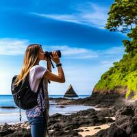 ai generado un fotografía de viajero o mochilero en el playa con un muchos estilo y muchos ángulo foto