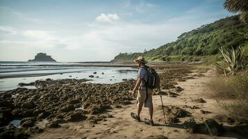 AI generated a photograph of traveler or backpaker in the beach with a many style and many angle photo