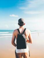 AI generated a photograph of traveler or backpaker in the beach with a many style and many angle photo