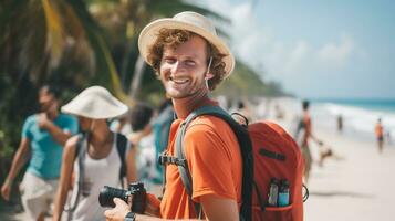 ai generado un fotografía de viajero o mochilero en el playa con un muchos estilo y muchos ángulo foto