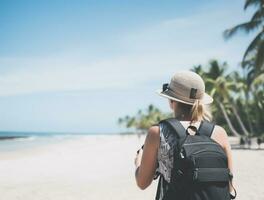AI generated a photograph of traveler or backpaker in the beach with a many style and many angle photo
