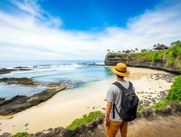 AI generated a photograph of traveler or backpaker in the beach with a many style and many angle photo