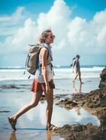 AI generated a photograph of traveler or backpaker in the beach with a many style and many angle photo