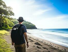 AI generated a photograph of traveler or backpaker in the beach with a many style and many angle photo