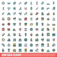 100 sea icons set, color line style vector