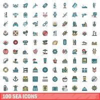 100 sea icons set, color line style vector