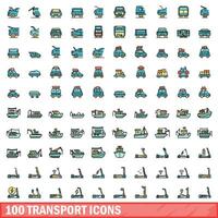 100 transport icons set, color line style vector