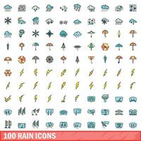 100 rain icons set, color line style vector