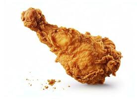AI generated Fried chicken leg falling in the air isolated on a white background. AI Generated. photo