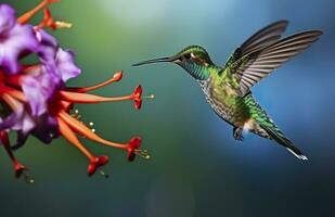 AI generated Hummingbird bird flying next to a beautiful red flower with rain. AI Generated photo