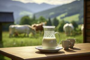 AI generated Glass pitcher with fresh milk on a wooden table. AI Generated photo