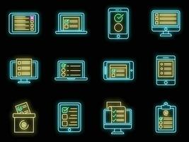 Online survey checklist icons set vector neon