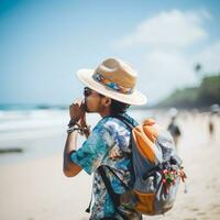 AI generated a photograph of traveler or backpaker in the beach with a many style and many angle photo