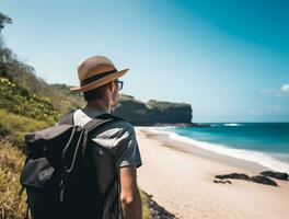 AI generated a photograph of traveler or backpaker in the beach with a many style and many angle photo