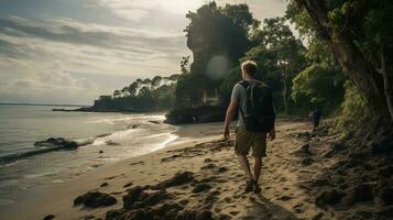 AI generated a photograph of traveler or backpaker in the beach with a many style and many angle photo