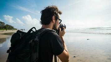 AI generated a photograph of traveler or backpaker in the beach with a many style and many angle photo