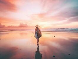 AI generated a photograph of traveler or backpaker in the beach with a many style and many angle photo