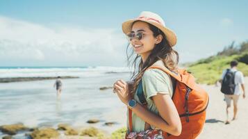 ai generado un fotografía de viajero o mochilero en el playa con un muchos estilo y muchos ángulo foto