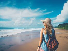 AI generated a photograph of traveler or backpaker in the beach with a many style and many angle photo