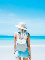 AI generated a photograph of traveler or backpaker in the beach with a many style and many angle photo