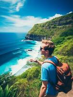 AI generated a photograph of traveler or backpaker in the beach with a many style and many angle photo